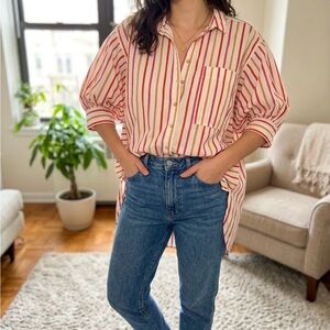 Boho Chic oversized Striped Puff Sleeve button down shirt women’s Small EUC